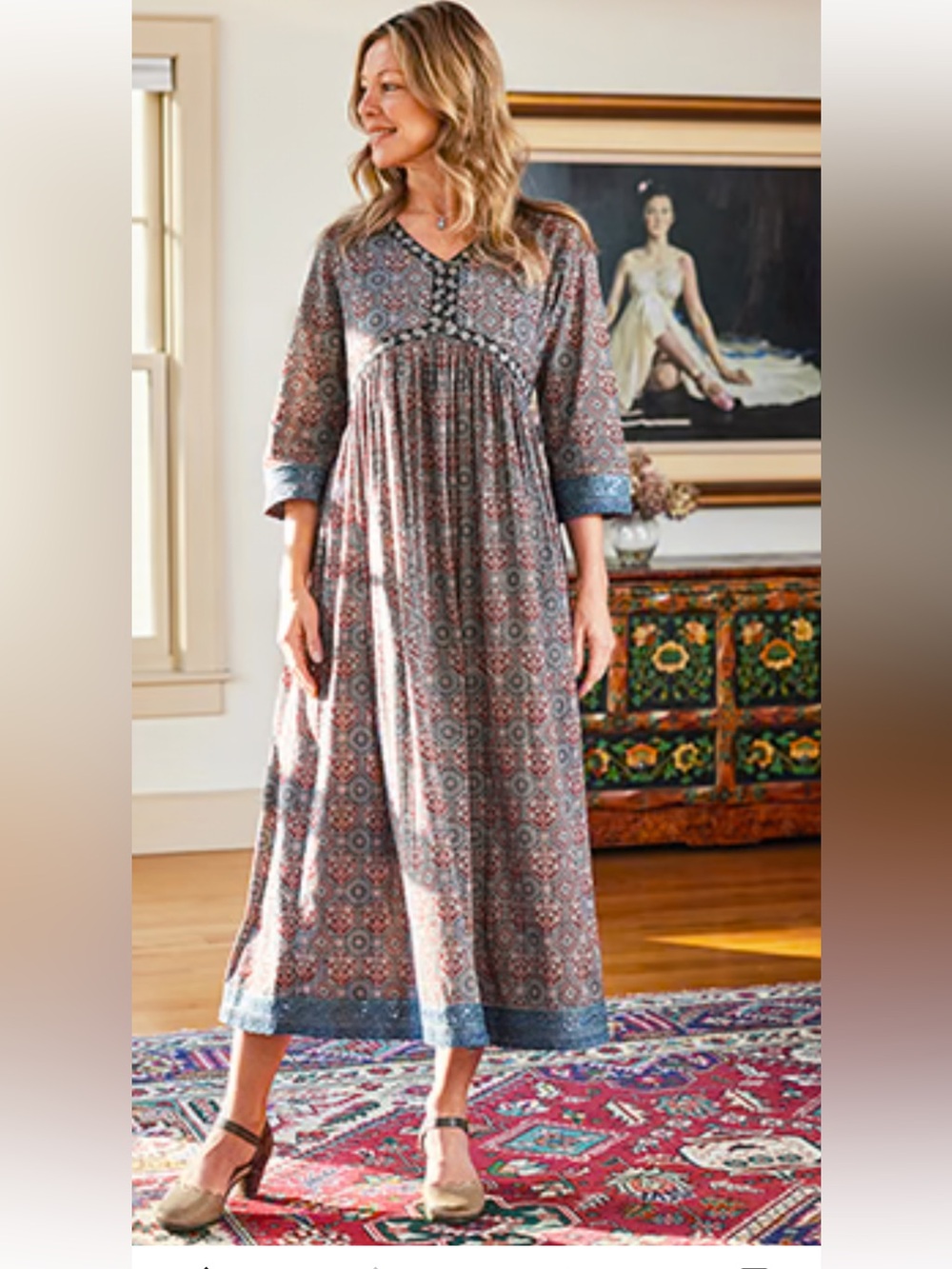 April Cornell Persia Indigo cotton midi dress kaftan L